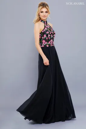 Long Halter Floral Bodice Formal Evening Gown Sale