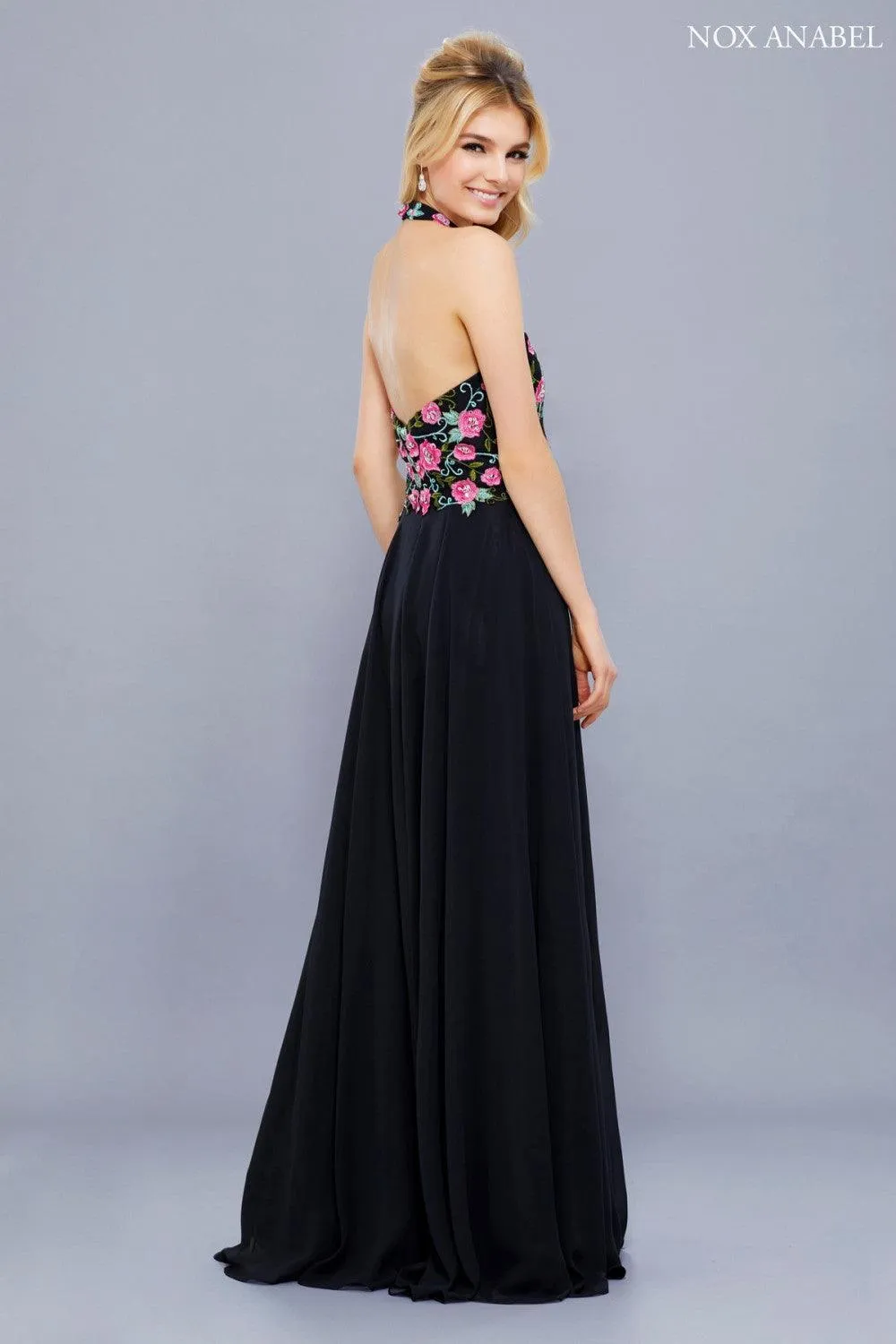 Long Halter Floral Bodice Formal Evening Gown Sale