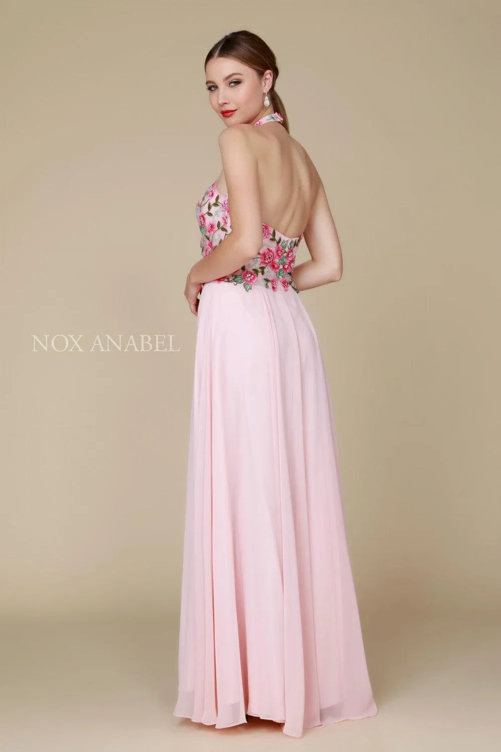 Long Halter Floral Bodice Formal Evening Gown Sale