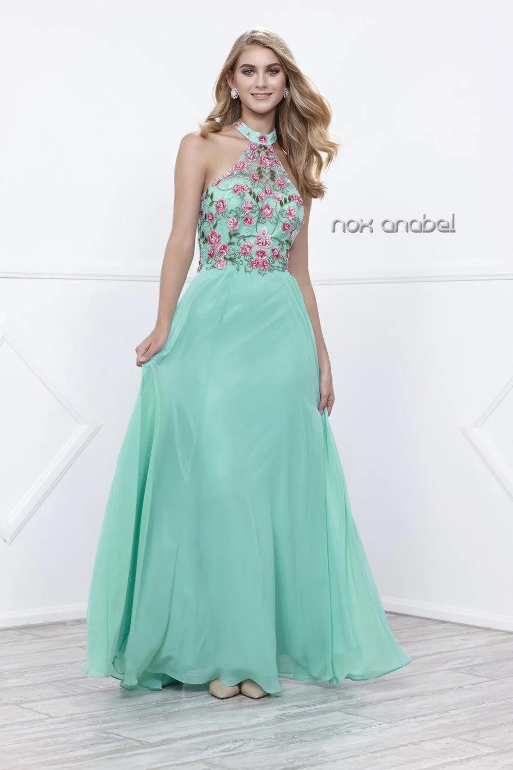 Long Halter Floral Bodice Formal Evening Gown Sale