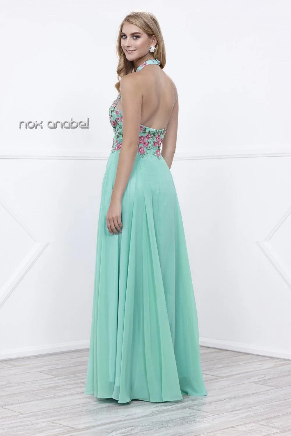 Long Halter Floral Bodice Formal Evening Gown Sale