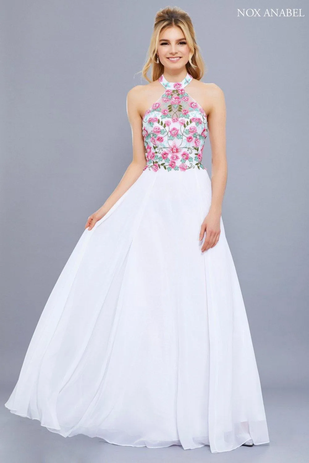 Long Halter Floral Bodice Formal Evening Gown Sale