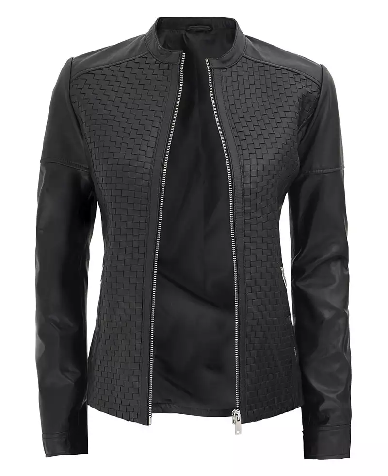 Maude Black Textured Leather Jacket for Women