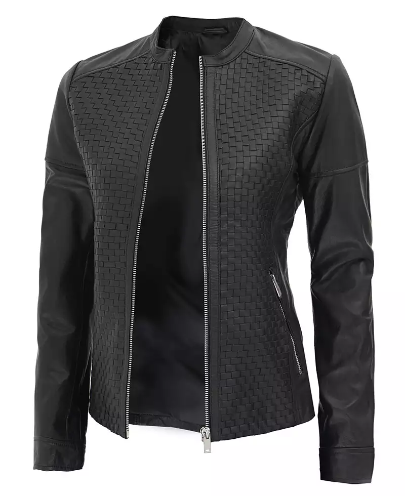 Maude Black Textured Leather Jacket for Women