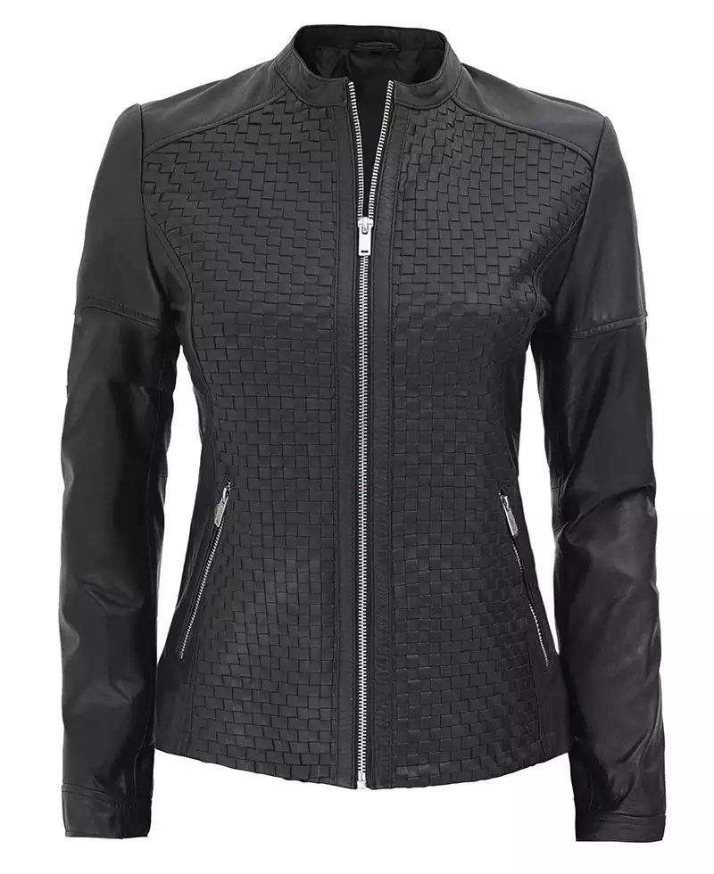 Maude Black Textured Leather Jacket for Women