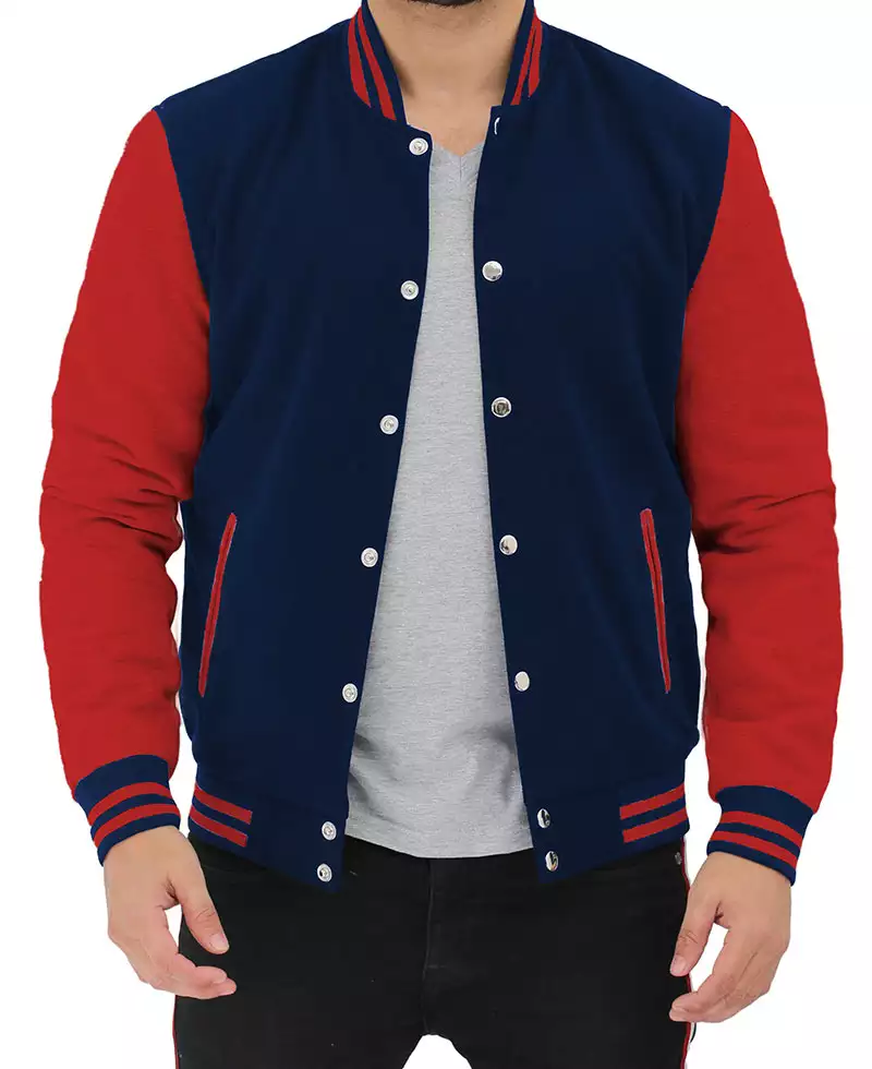 Men's Red and Navy Blue Baseball-Style Varsity Jacket