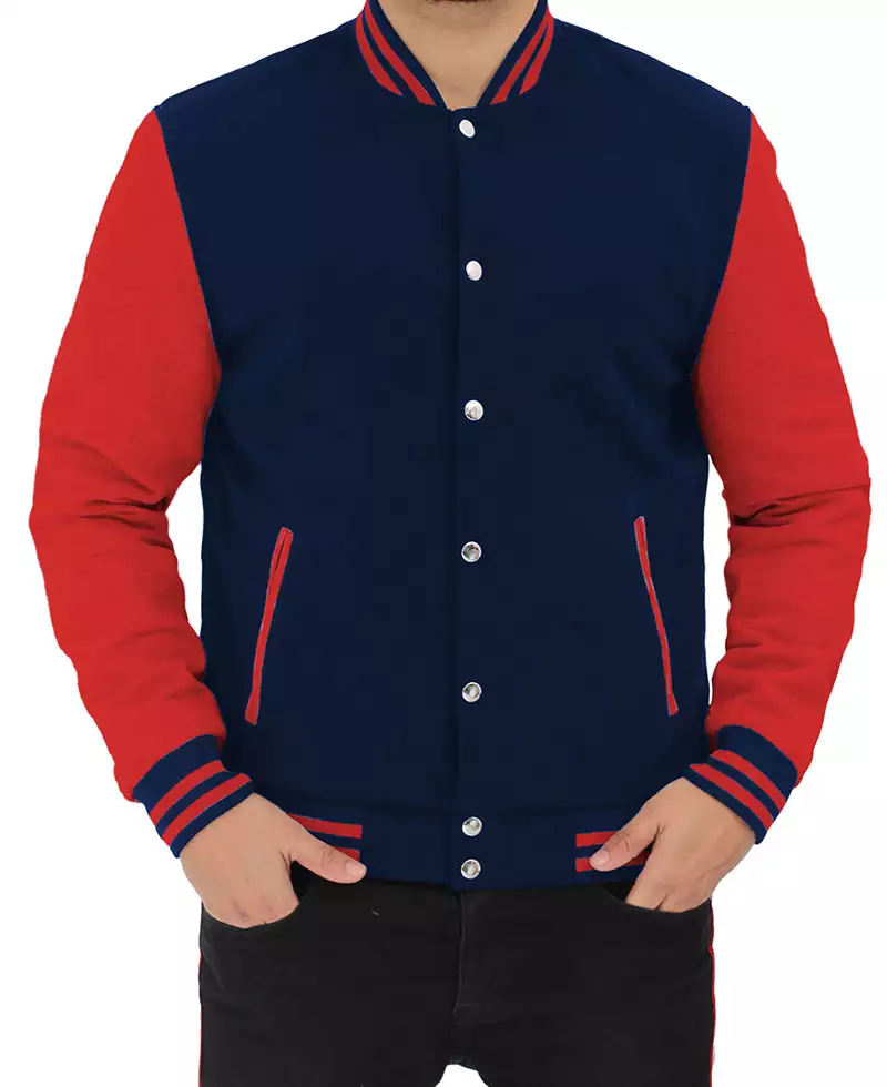 Men's Red and Navy Blue Baseball-Style Varsity Jacket