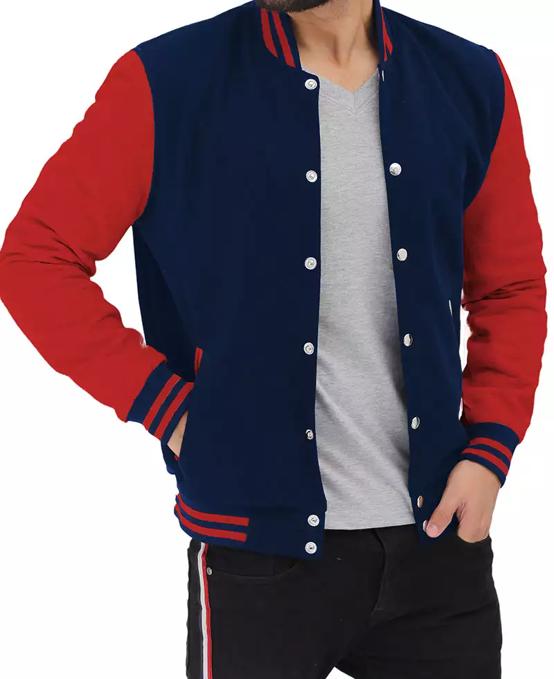 Men's Red and Navy Blue Baseball-Style Varsity Jacket