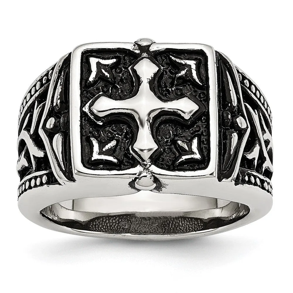 Men's 13mm Stainless Steel Antiqued Cross Tapered Ring