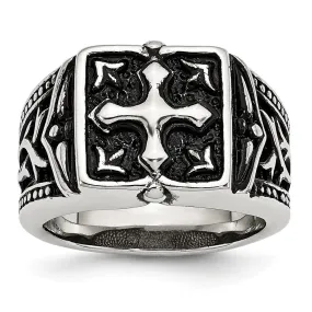 Men's 13mm Stainless Steel Antiqued Cross Tapered Ring