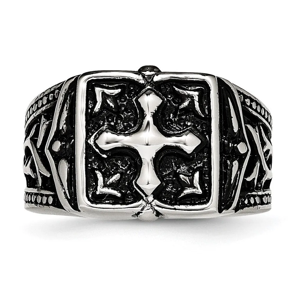 Men's 13mm Stainless Steel Antiqued Cross Tapered Ring