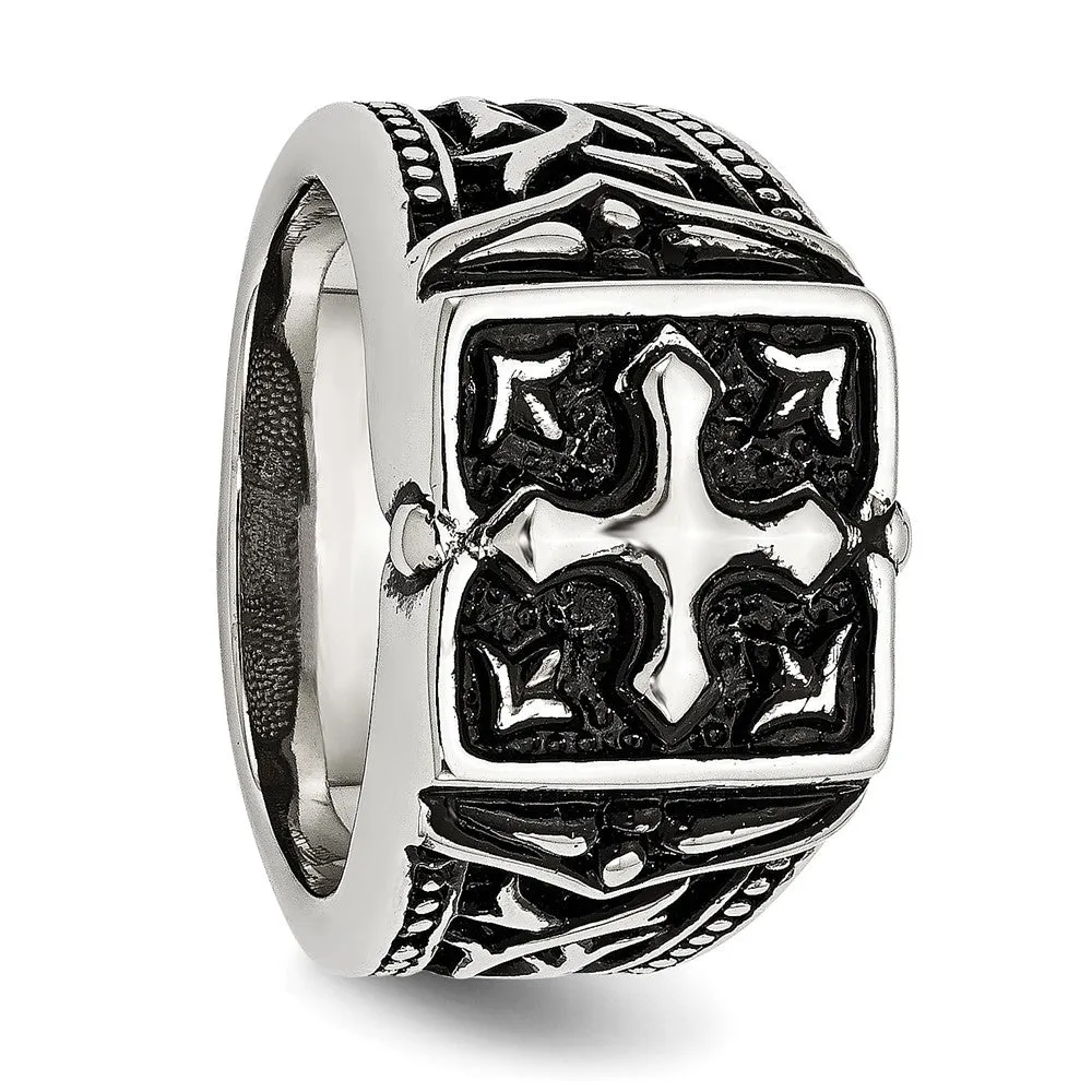 Men's 13mm Stainless Steel Antiqued Cross Tapered Ring