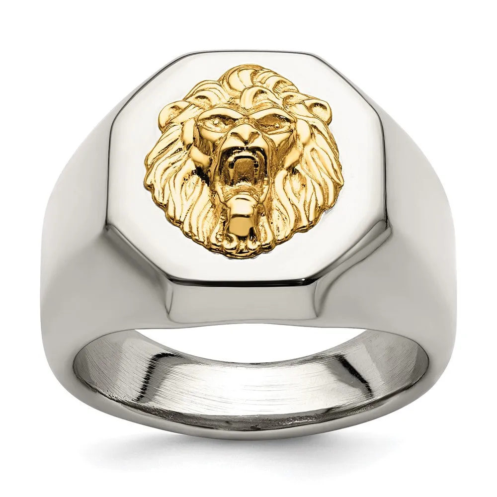 Men's 18mm Stainless Steel & 14K Gold Accent Lion Head Tapered Ring