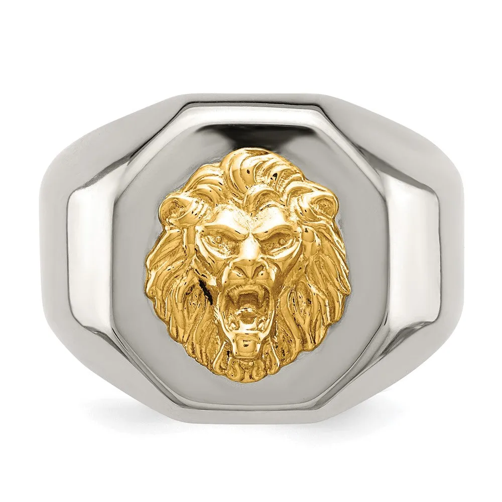 Men's 18mm Stainless Steel & 14K Gold Accent Lion Head Tapered Ring