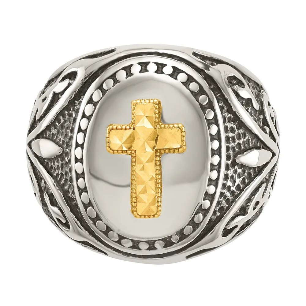 Men's 19.8mm Stainless Steel w/14K Gold Accent Cross Tapered Ring