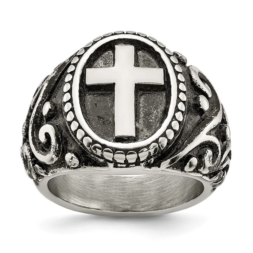 Men's 20mm Stainless Steel Antiqued Ornate Cross Tapered Ring