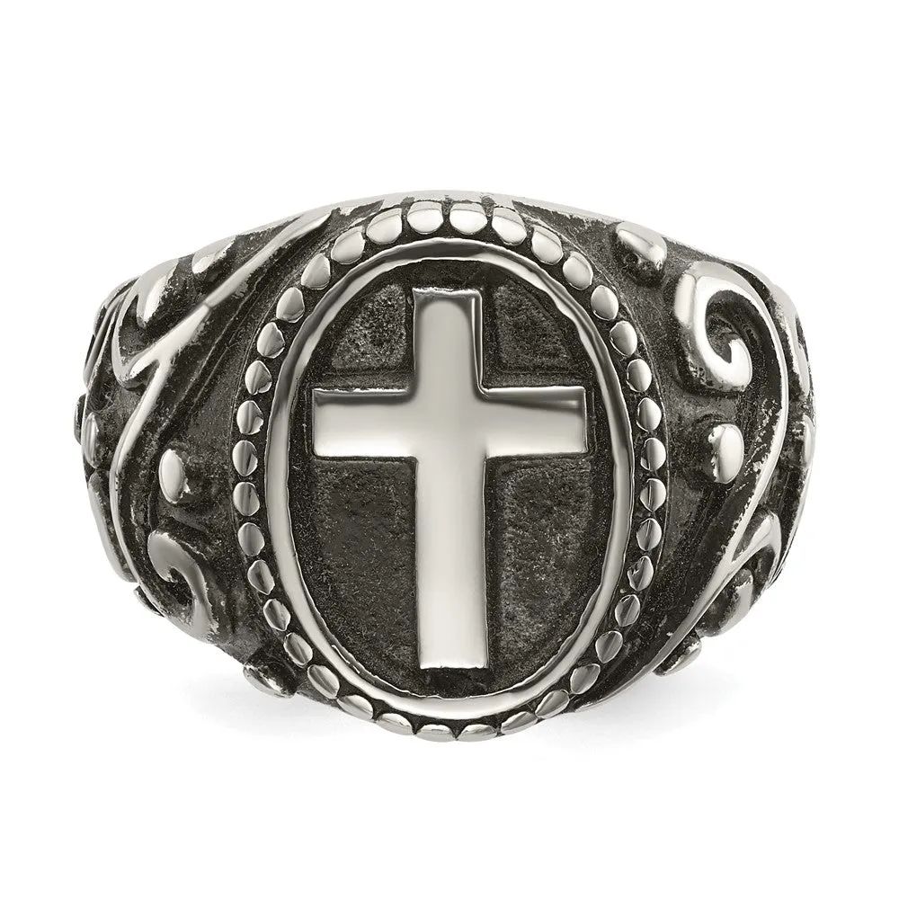 Men's 20mm Stainless Steel Antiqued Ornate Cross Tapered Ring