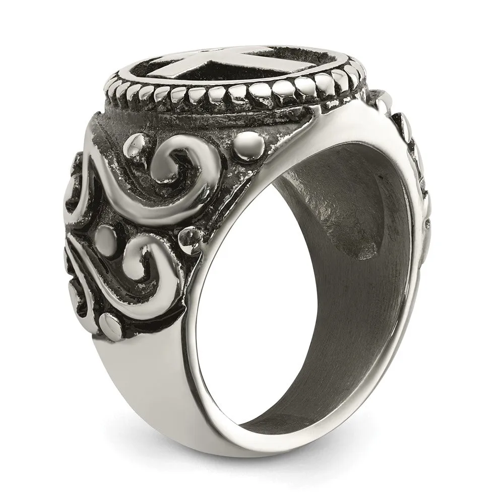 Men's 20mm Stainless Steel Antiqued Ornate Cross Tapered Ring