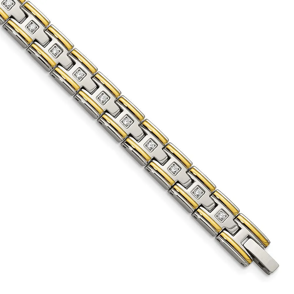 Men's 8mm Stainless Steel, Gold Tone Plated & CZ Link Bracelet, 8.5 In