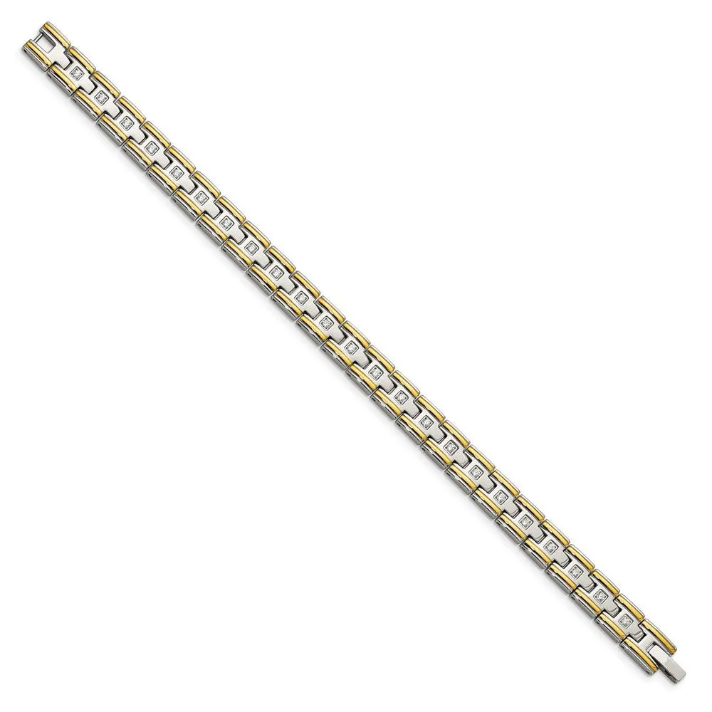 Men's 8mm Stainless Steel, Gold Tone Plated & CZ Link Bracelet, 8.5 In