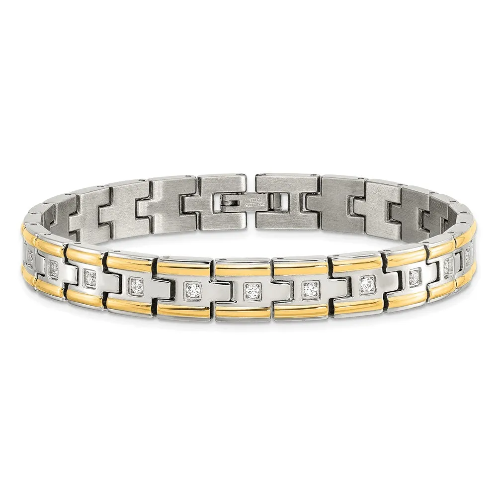 Men's 8mm Stainless Steel, Gold Tone Plated & CZ Link Bracelet, 8.5 In