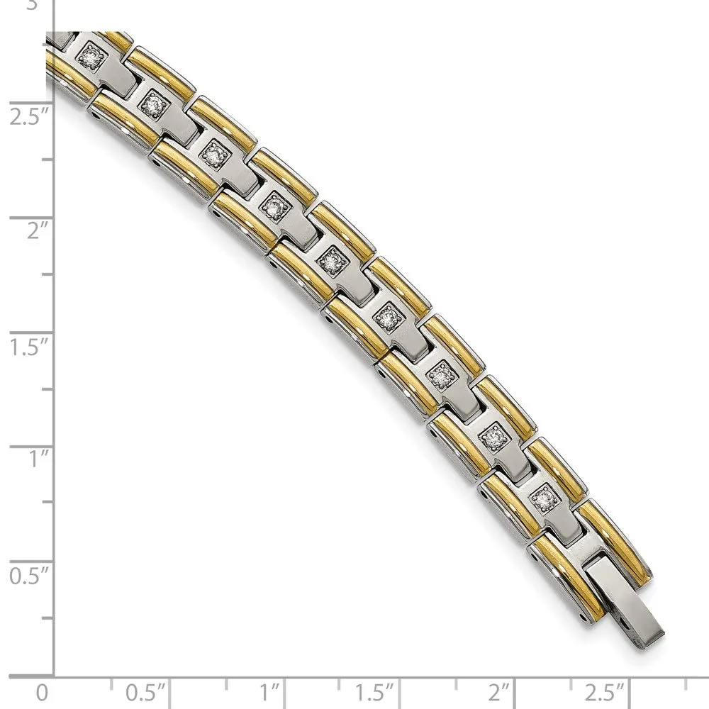 Men's 8mm Stainless Steel, Gold Tone Plated & CZ Link Bracelet, 8.5 In