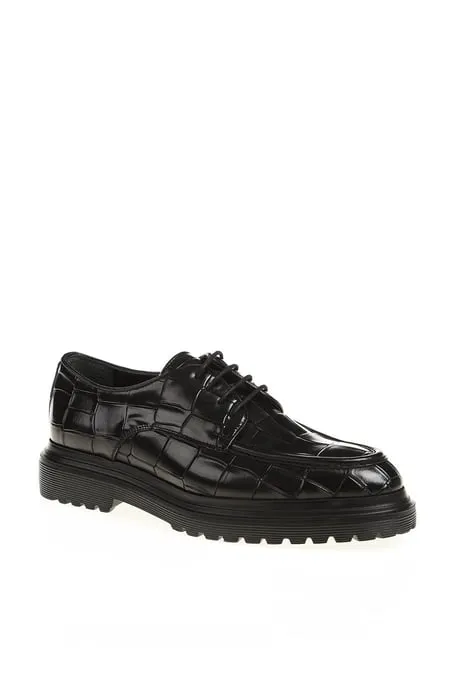 Men's Black Crocodile-Embossed Leather Shoes – Luxurious Formal Footwear with Rugged Sole.