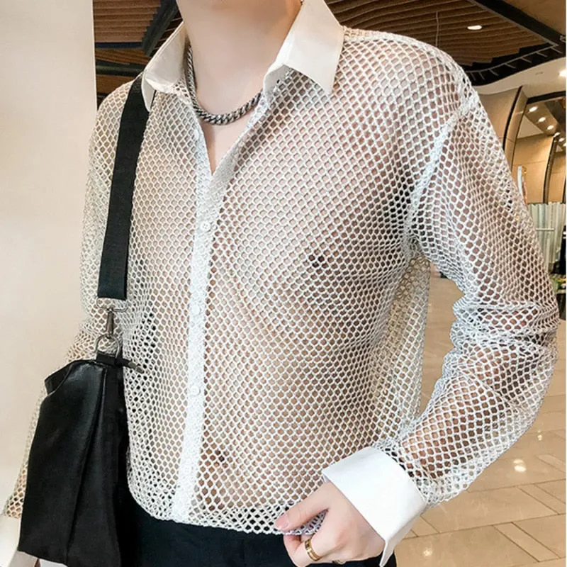 Men's Casual Style Hollowed Out Mesh Nightclub Long Sleeve Loose Shirt