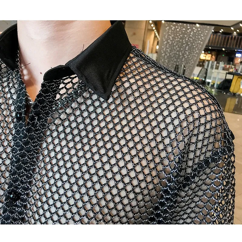 Men's Casual Style Hollowed Out Mesh Nightclub Long Sleeve Loose Shirt