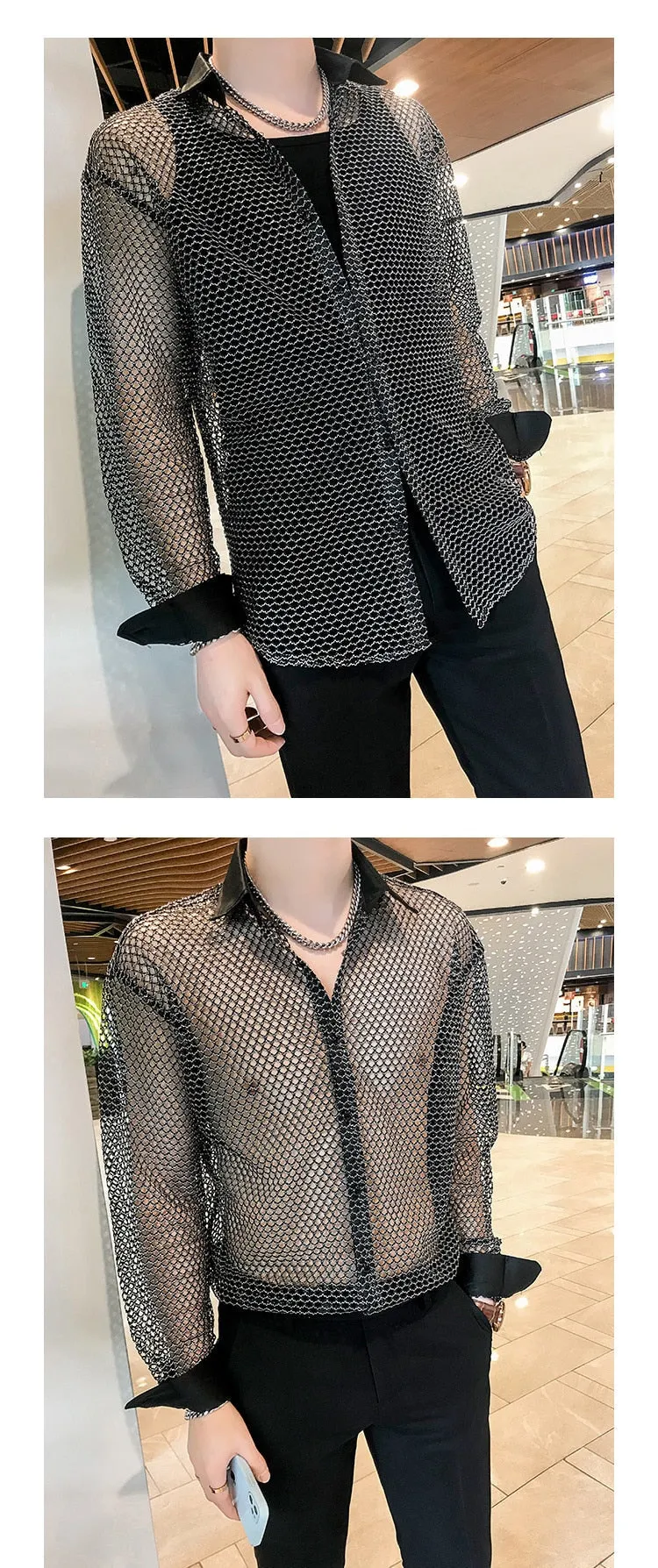 Men's Casual Style Hollowed Out Mesh Nightclub Long Sleeve Loose Shirt