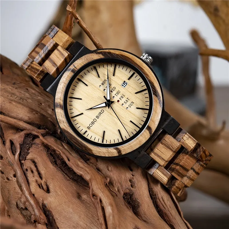 Men's Casual Style Quartz Movement Date Display Wooden Wristwatch