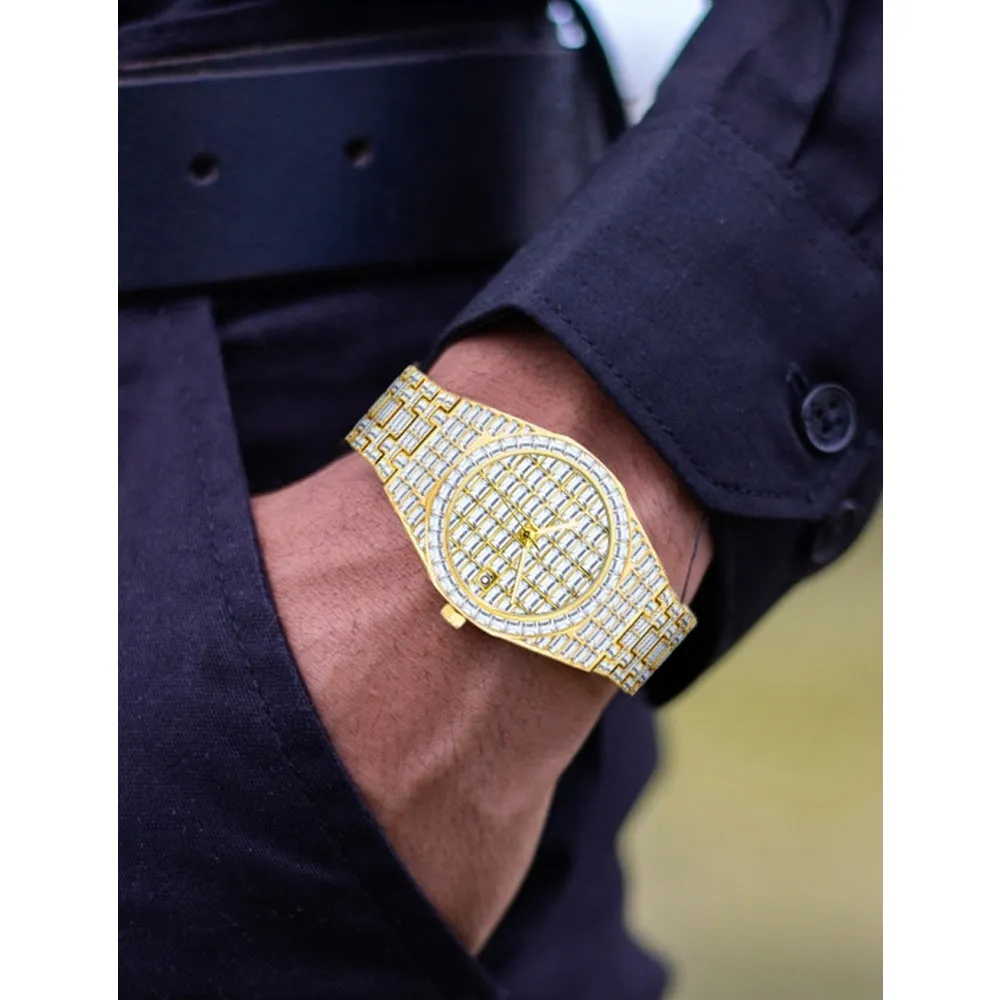 Men's Luxury Gold Nano Vaccum Plated Diamond Iced Out Quartz Wristwatch