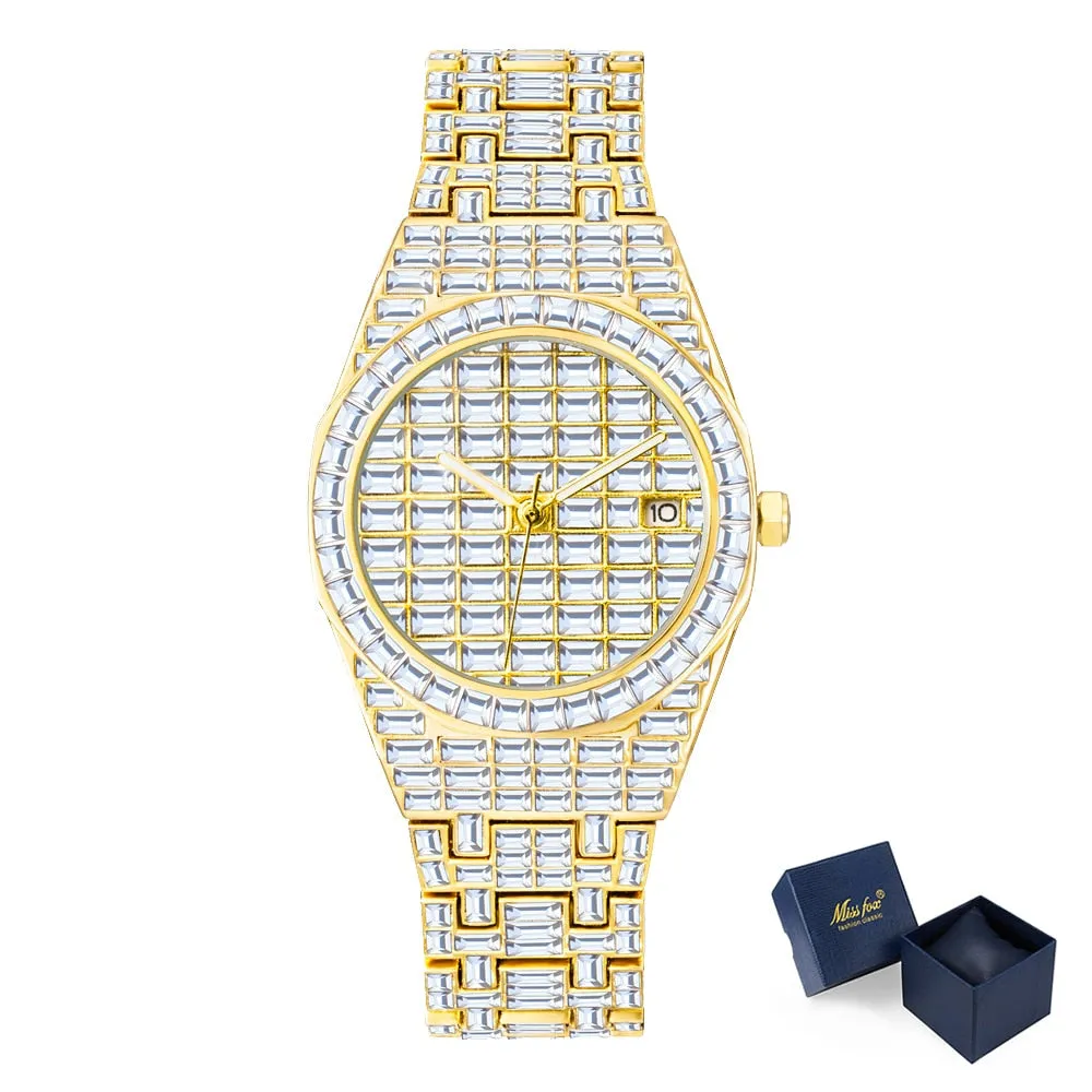 Men's Luxury Gold Nano Vaccum Plated Diamond Iced Out Quartz Wristwatch