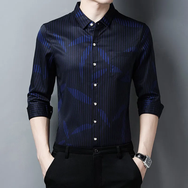 Men's Luxury Korean Striped Casual Long Sleeve Shirt with Pocket