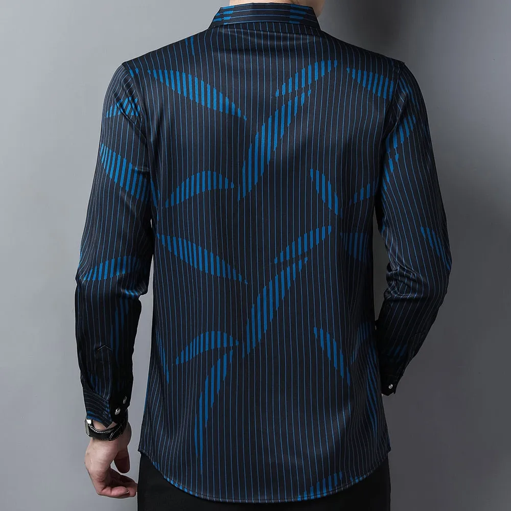 Men's Luxury Korean Striped Casual Long Sleeve Shirt with Pocket