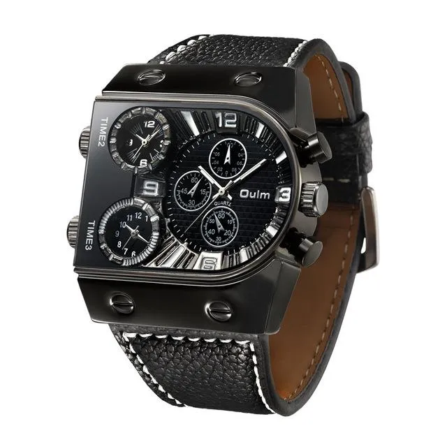 Men's Military Style Leather Strap Multi-Time Zone Quartz Wristwatches