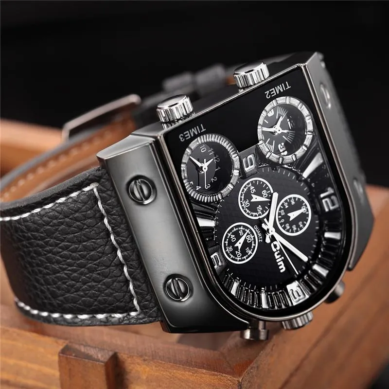 Men's Military Style Leather Strap Multi-Time Zone Quartz Wristwatches