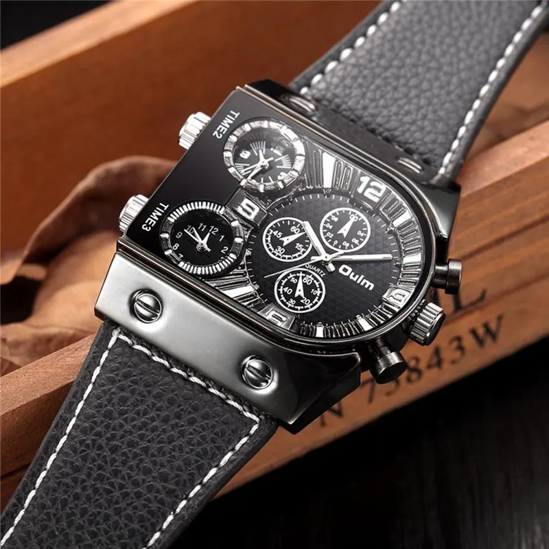 Men's Military Style Leather Strap Multi-Time Zone Quartz Wristwatches