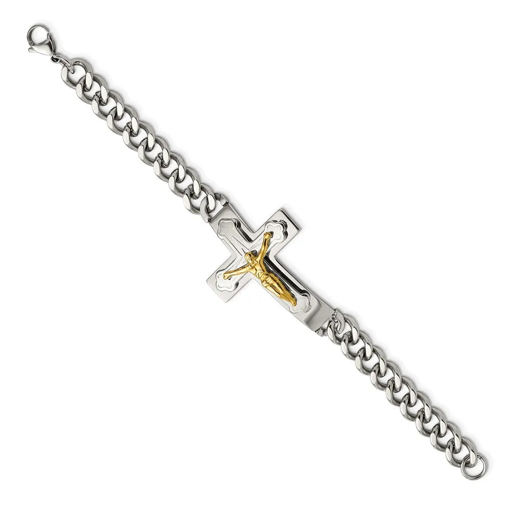 Men's Stainless Steel & Gold Tone Plated Crucifix Curb Bracelet, 8 In