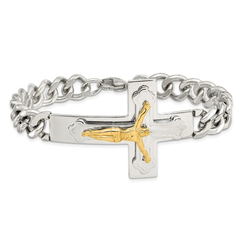 Men's Stainless Steel & Gold Tone Plated Crucifix Curb Bracelet, 8 In