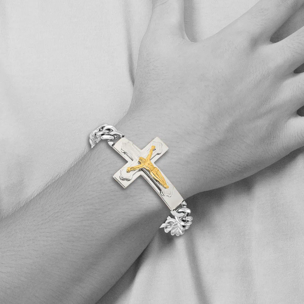 Men's Stainless Steel & Gold Tone Plated Crucifix Curb Bracelet, 8 In