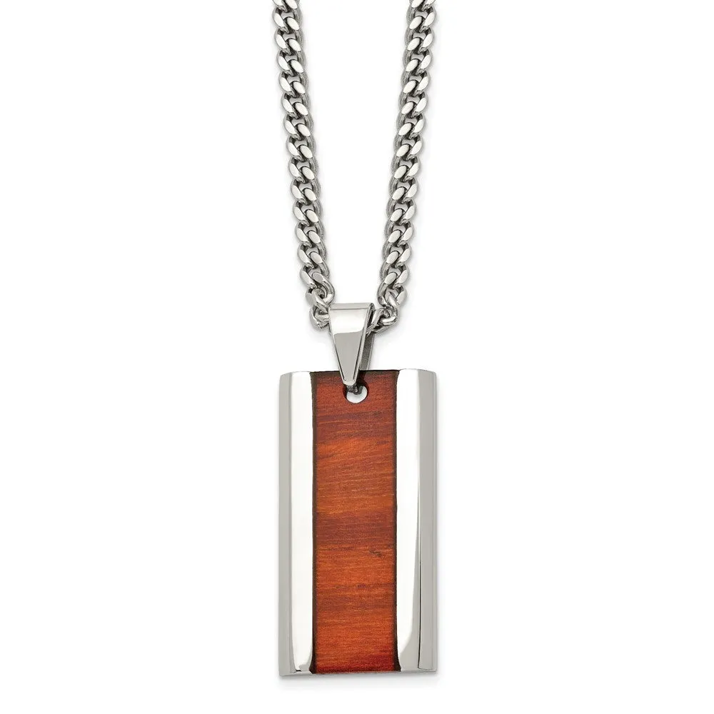 Men's Stainless Steel & Red Koa Wood Inlay Enameled Necklace, 20 Inch