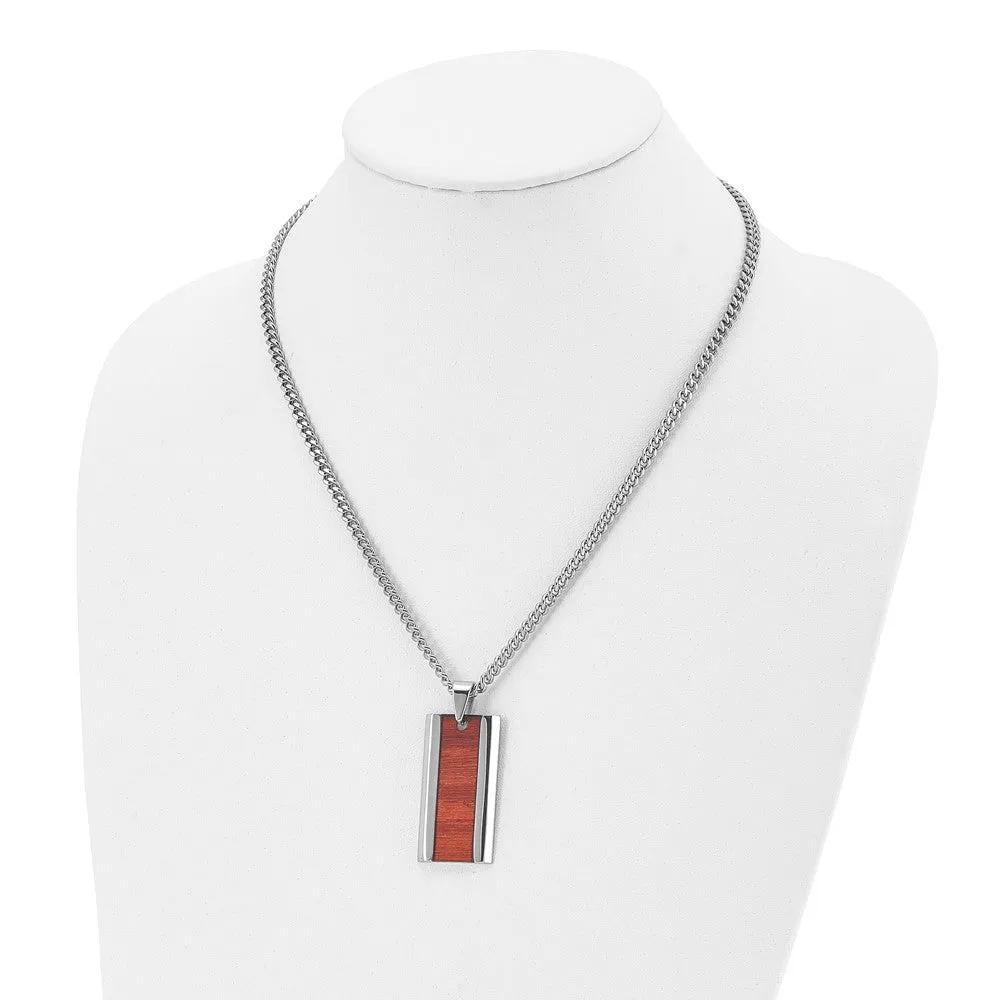 Men's Stainless Steel & Red Koa Wood Inlay Enameled Necklace, 20 Inch