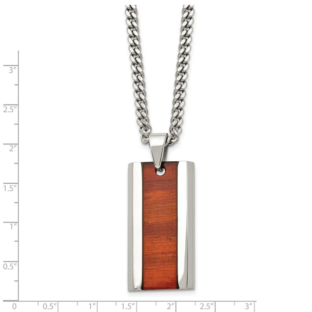 Men's Stainless Steel & Red Koa Wood Inlay Enameled Necklace, 20 Inch