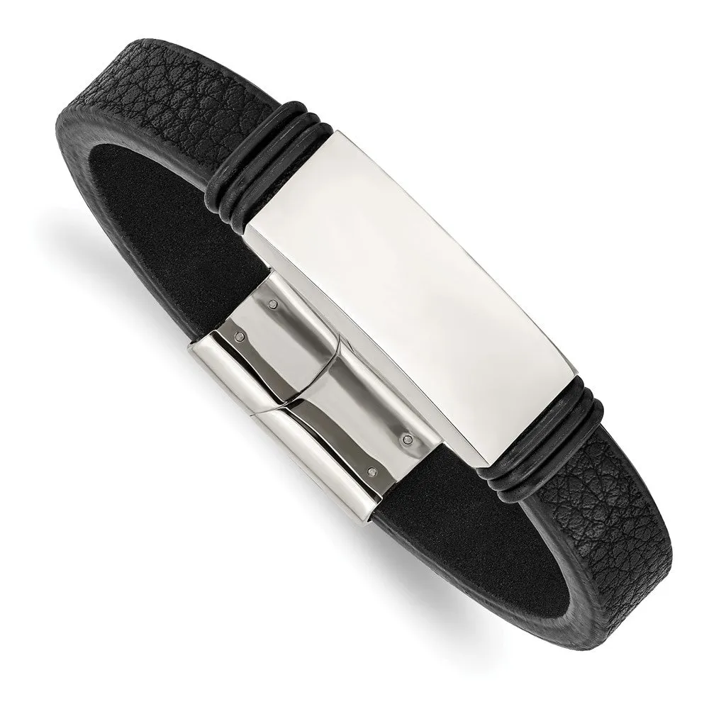 Men's Stainless Steel, Black Leather & Rubber I.D. Bracelet, 8.5 Inch