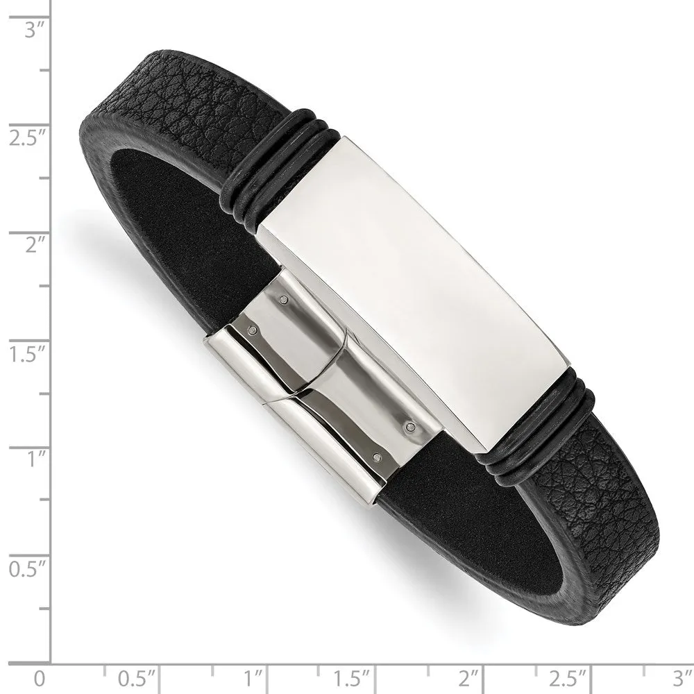 Men's Stainless Steel, Black Leather & Rubber I.D. Bracelet, 8.5 Inch