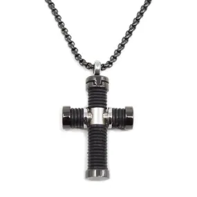 Men's Stainless Steel Black Necklace with Spring Cross Pendant