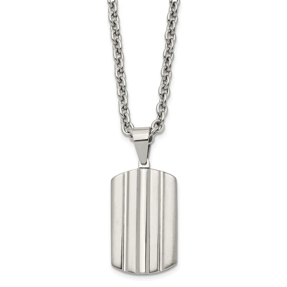 Men's Stainless Steel Grooved Dog Tag Necklace, 24 Inch