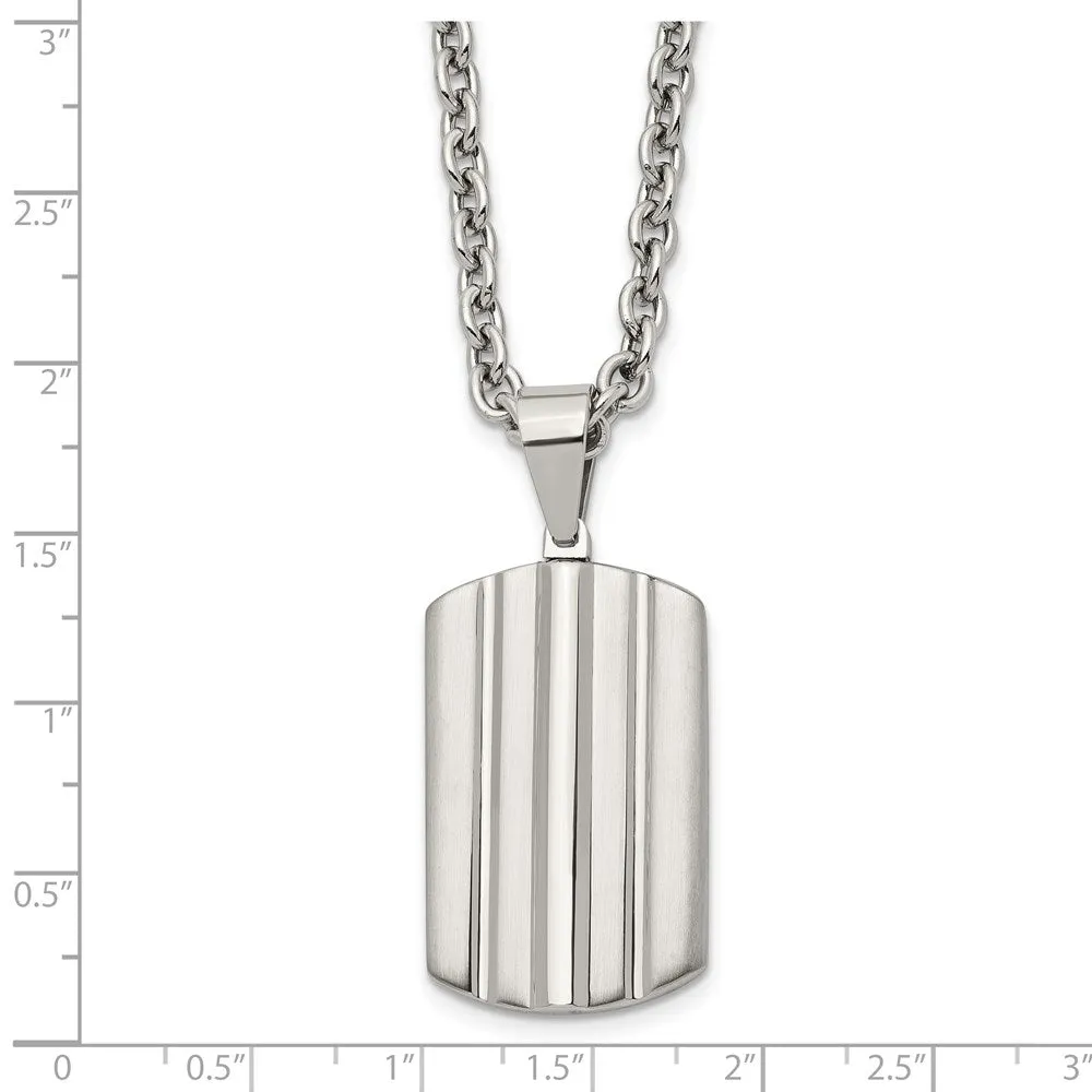 Men's Stainless Steel Grooved Dog Tag Necklace, 24 Inch