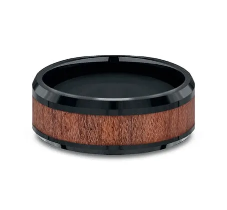 Men's Wedding Band, 8MM Black Cobalt with Wood Center